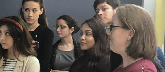 Students tour Wall Street Journal news operations.