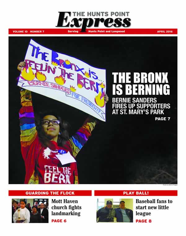 Cover of the Hunts Point Express with girl holding a sign saying the Bronx is feeling the Bern