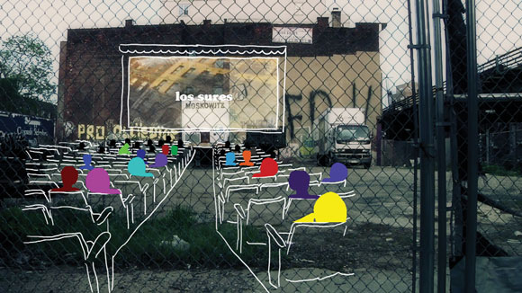 photo and illustration of a movie screening at the park